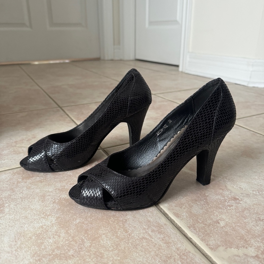 Black Faux Croc Print Heels